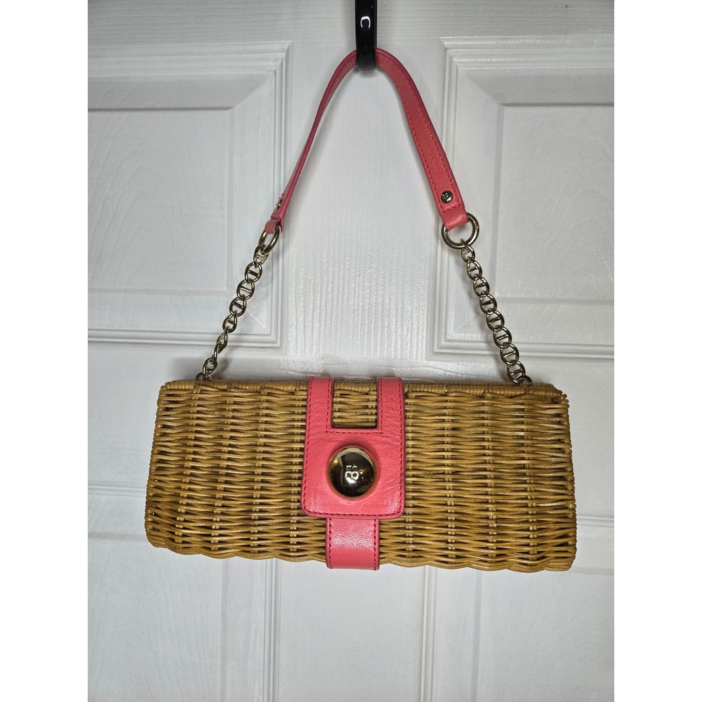 Kate Spade Wicker Clutch Bag Pink Leather Trim Straw Shoulder Bag Gold Chain